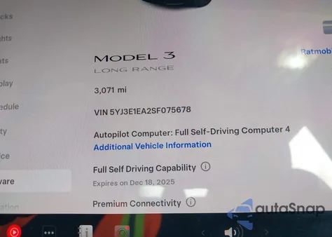 2025 Tesla Model 3 Long Range Rear-Wheel Drive/Standard из США, поврежденный, VIN 5YJ3E1EA2SF075678